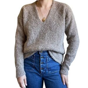 Vintage 90s Womens V Neck Boucle Brown Beige Soft Mohair Preppy Sweater Sz M